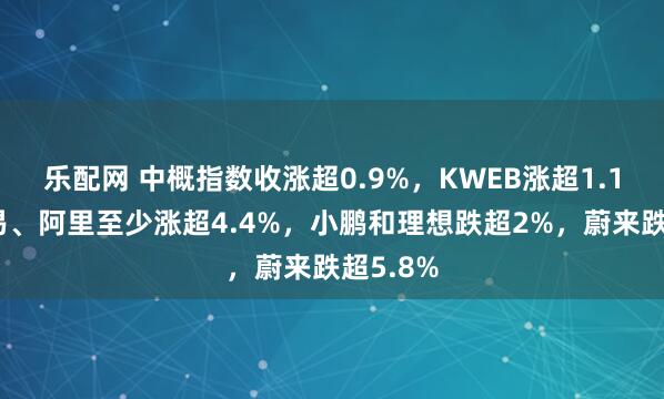 乐配网 中概指数收涨超0.9%，KWEB涨超1.1%，网易、阿里至少涨超4.4%，小鹏和理想跌超2%，蔚来跌超5.8%